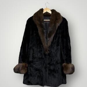 Vintage D. Kindy & Sons Furriers Sheared Fur Coat Mink Trim Black Size L Women